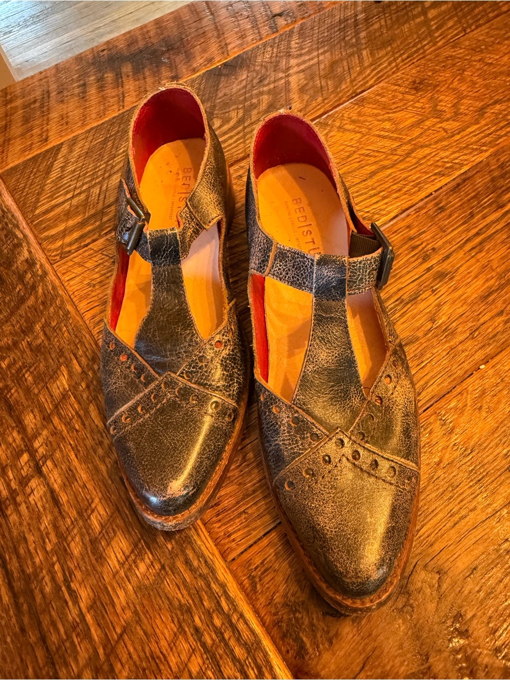 BED|STU Black Distressed Leather T-Strap Flats Mary Janes
